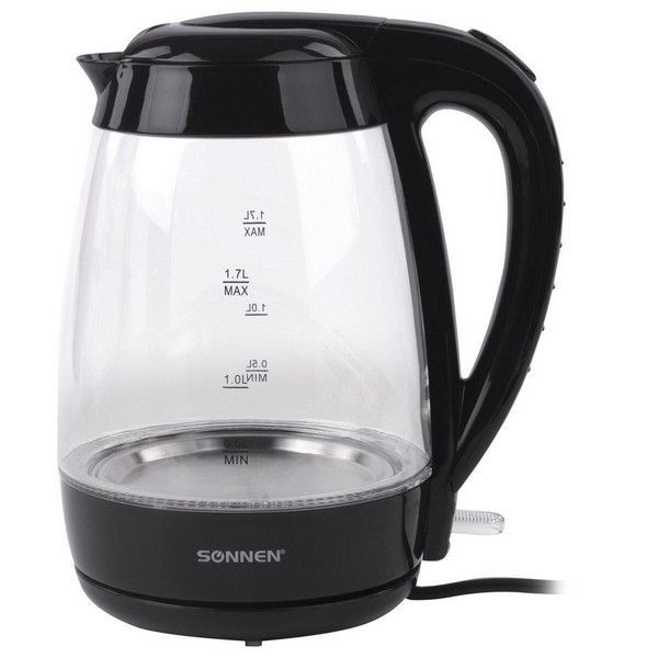 Электрический чайник SONNEN KT-200BK, 1,7 л, 2200 Вт, закрытый нагревательный элемент, стекло, подсветка, черный, 451709