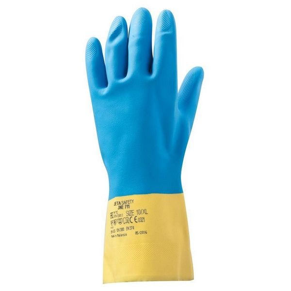Перчатки неопреновые Jeta Safety химически стойкие, с хлопковым напылением, желто-голубые JNE711-L (1пара)
